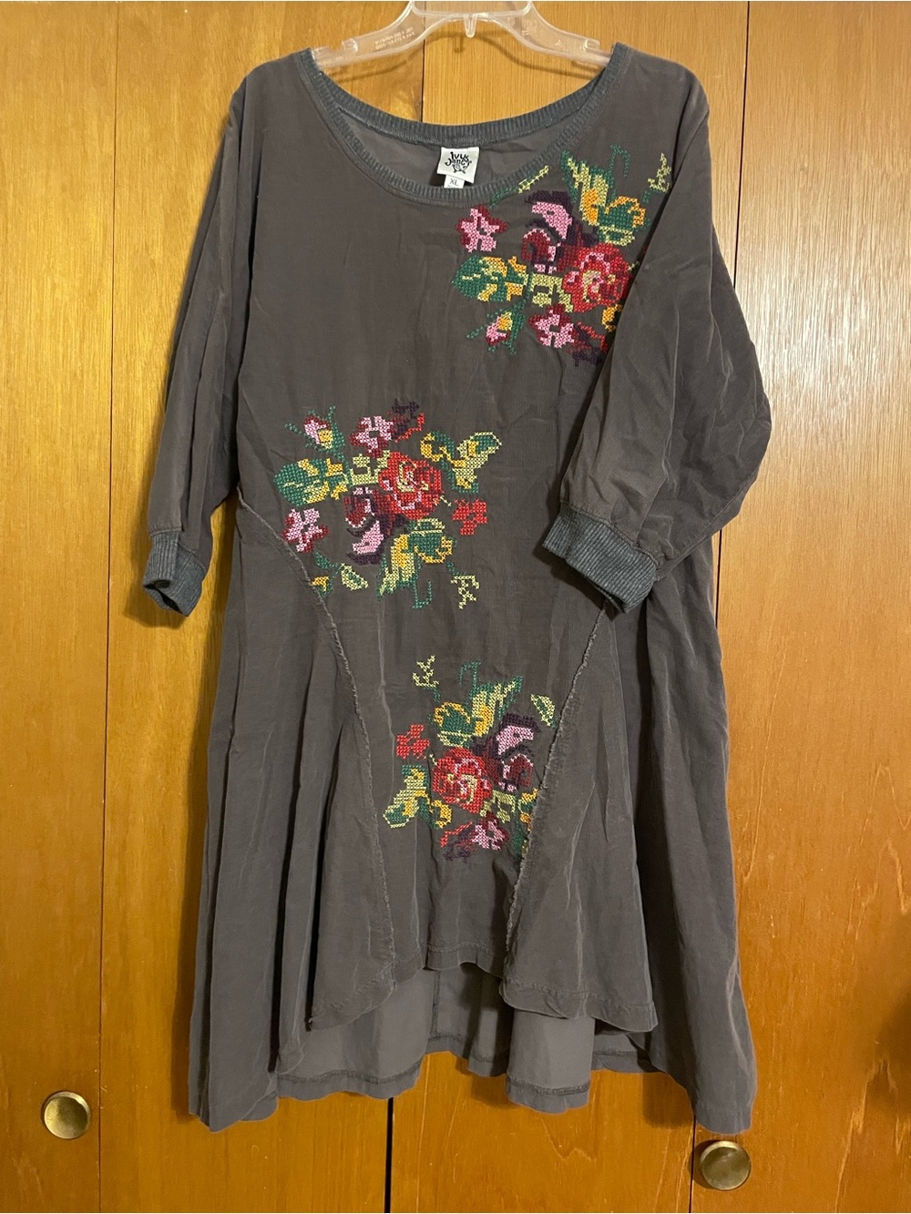 ivy jane charcoal gray dress with pink red green floral embroidery